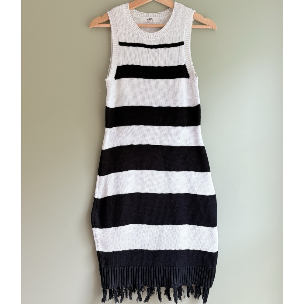 Jack‎ by BB Dakota Striped Sleeveless Sweater Dress Black White Fringe Mod M